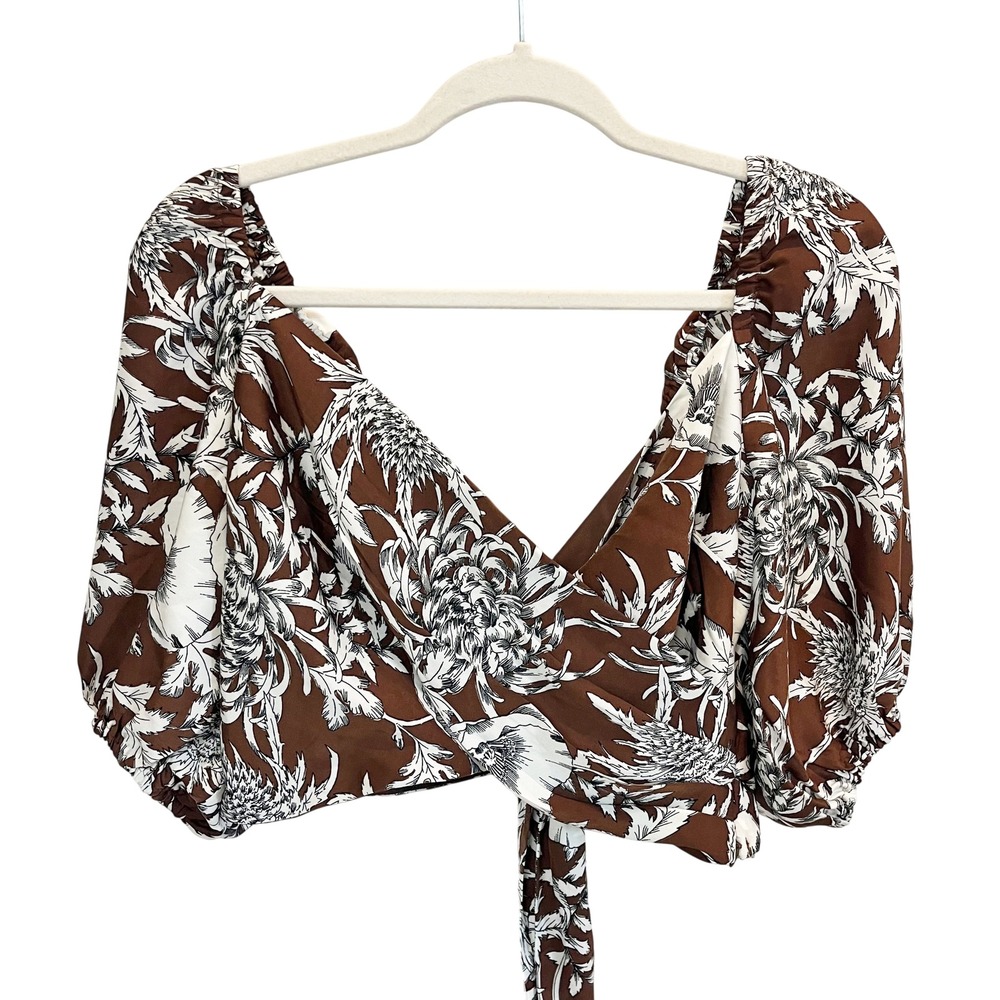 NEW Express Brown Floral Wrap‎ Puff Sleeve Crop Top Tropical Summer - Size 10